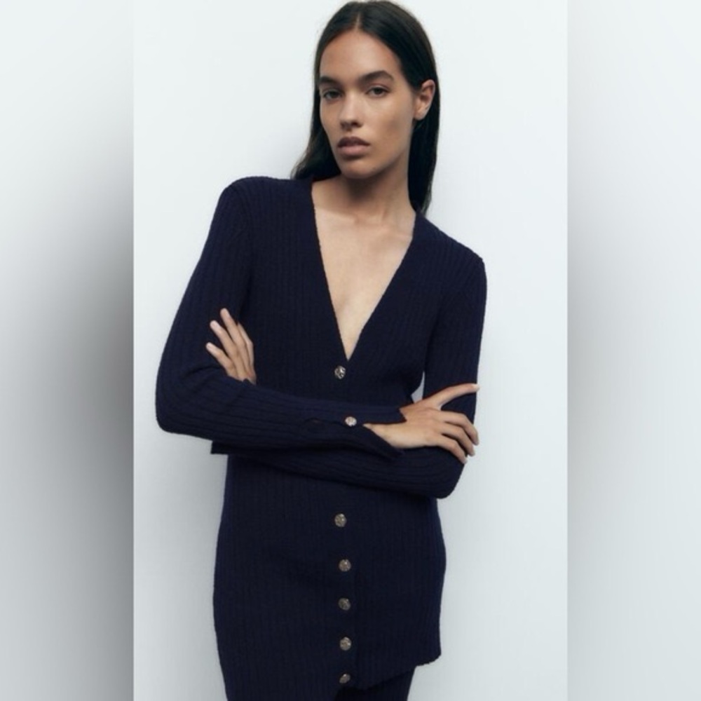Zara Navy Textured Cardigan